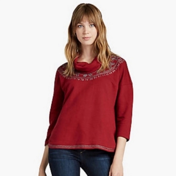 •SOLD• Lucky Brand red cowl neck sweatshirt silver embroidery crop sleeve S - Picture 1 of 4